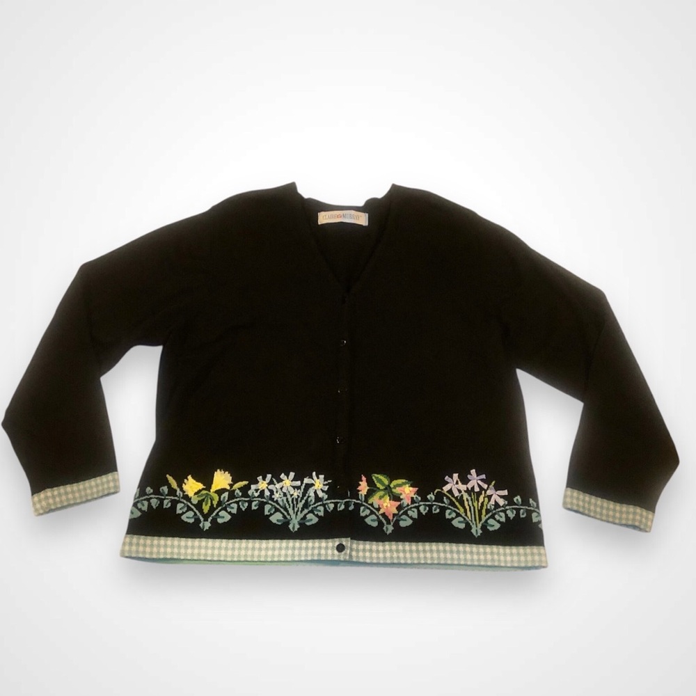 Vintage Claire Murray Cardigan with Floral And Picnic Plaid Design